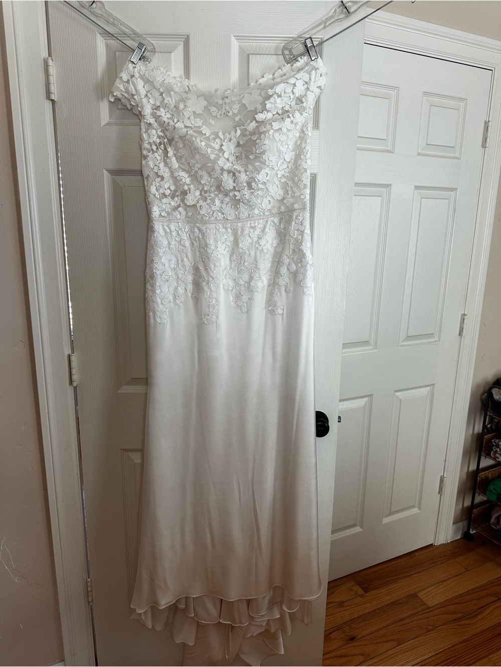 Elegant White Floral Appliqué Bodice Satin Skirt Wedding Gown